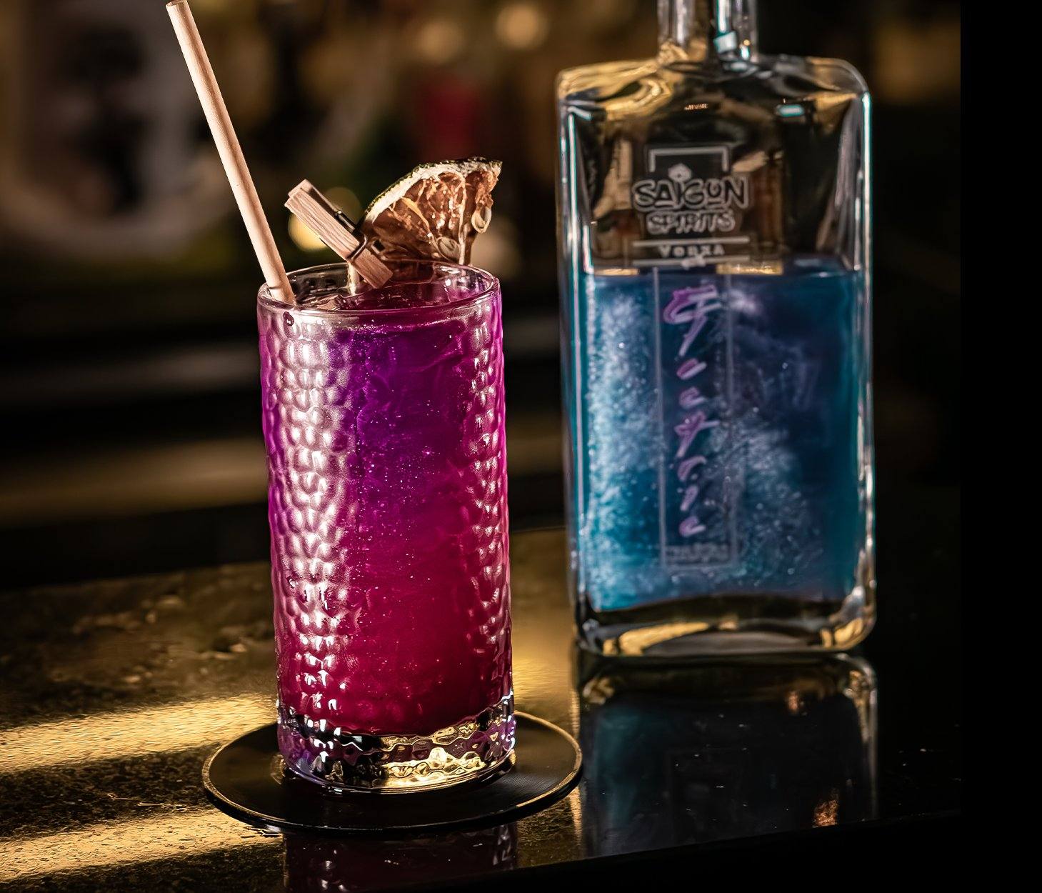 Purple Vine cocktail recipe Electric Vodka Saigon Spirits bottle butterfly pea flower purple Vietnam bar craft spirits