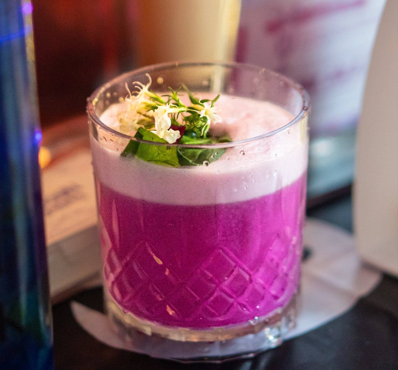 Dragonfruit Sour cocktail recipe Saigon Spirits Pink Gin purple foam edible flowers Vietnam craft spirits Southeast Asia