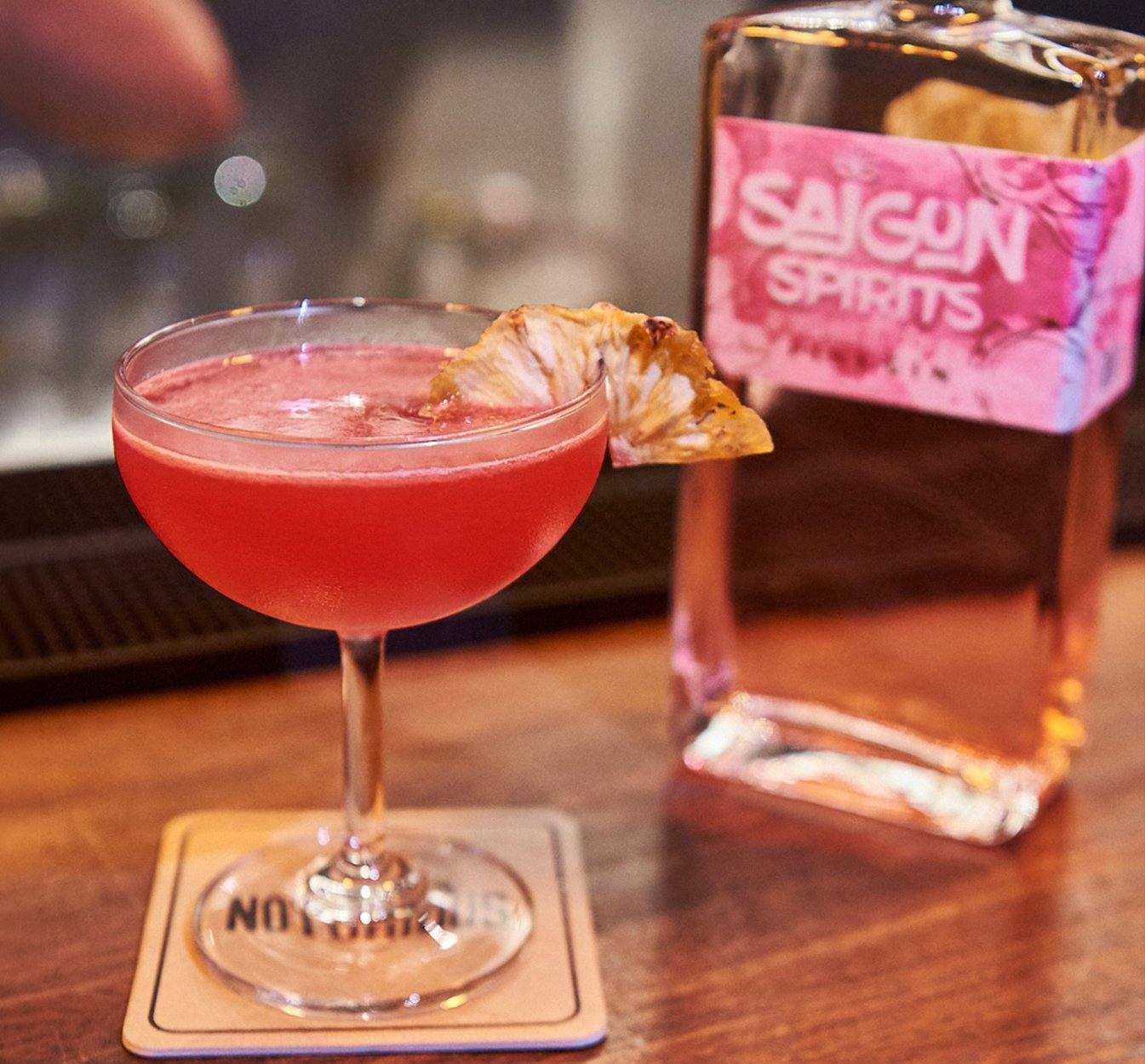 Pink Gimlet cocktail recipe Dragonfruit Pink Gin coupe glass Saigon Spirits Vietnam bar Southeast Asian craft spirits