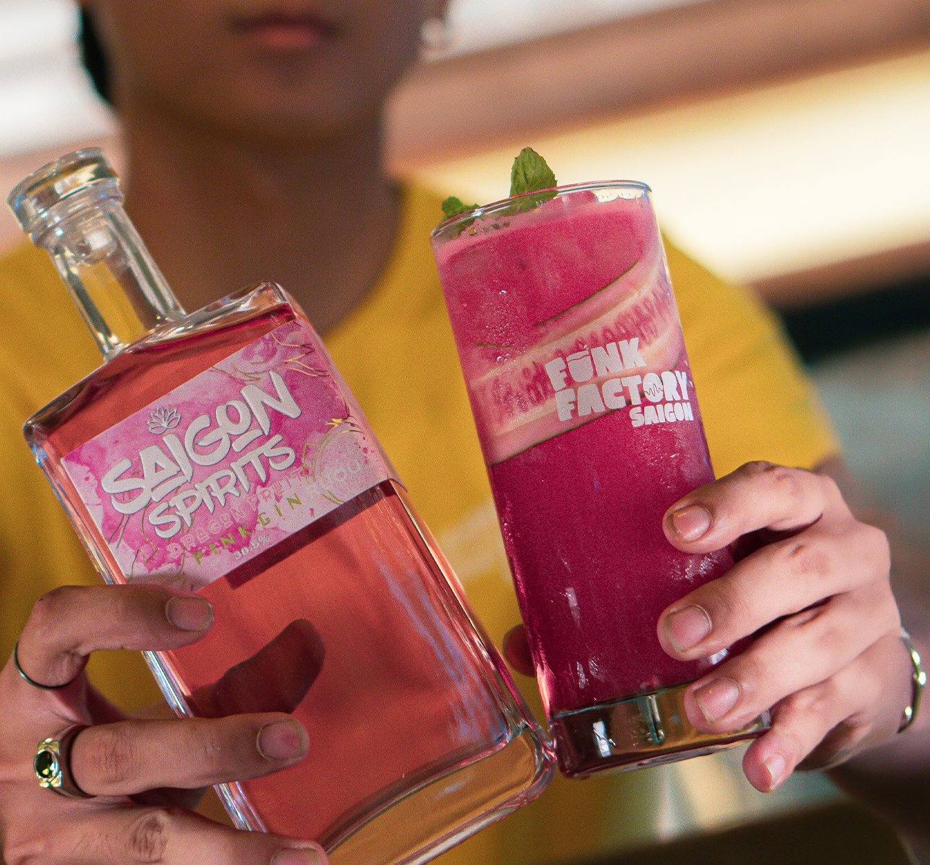 Dragonfruit Cucumber Mule cocktail recipe Pink Gin Saigon Spirits bottle Funk Factory Saigon Vietnam Southeast Asian fruit spirits