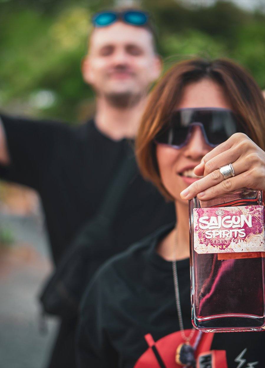 Saigon Spirits Dragonfruit Pink Gin Pinky Peachy cocktail crystal rocks glasses Vietnam bar craft spirits Southeast Asian flavours